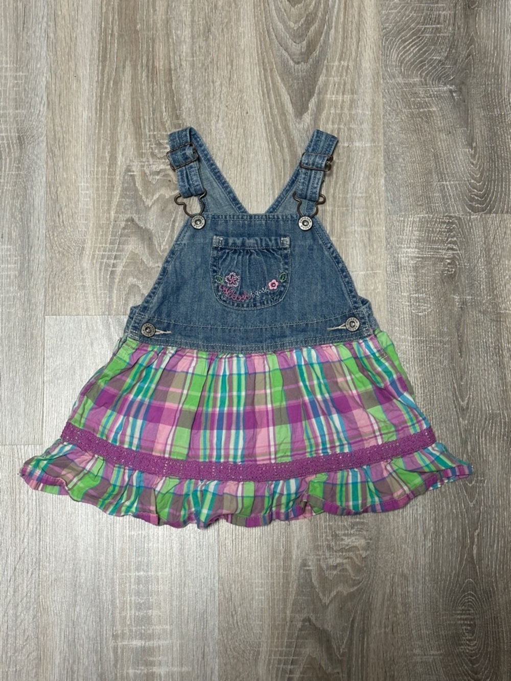 OshKosh B'gosh Denim Overall Dress with Pink, Green & Purple Plaid Skirt
